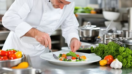 A focused chef meticulously garnishes a dish in a vibrant kitchen, embodying culinary artistry amidst bustling activity.
