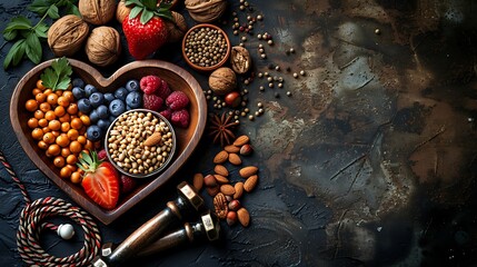 A bowl shaped like a heart filled with a mix of dried fruits and nuts, set against a dark, textured surface that adds warmth to the scene.

