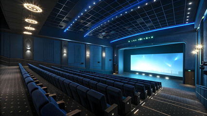 Empty movie theater with glowing blue screen and detailed cinematic textures