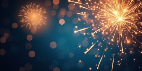 Fototapeta premium Sparkling Celebration: A breathtaking display of golden fireworks against a deep blue night sky, symbolizing the joy and excitement of a special occasion.