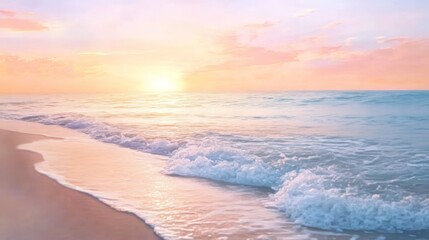 Fototapeta premium Beautiful sunrise over the ocean with gentle waves and a colorful sky, capturing a tranquil coastal scene.