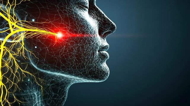 A head silhouette with detailed trigeminal nerve branching in yellow, a vivid red zone on the cheek indicating pain, and a sidebar with concise information about neuralgia and ther