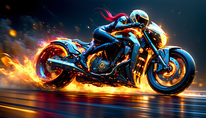 Futuristisches Motorrad mit einer dynamischen Bikerin, umgeben von abstrakten Farbexplosionen aus Feuer und Rauch, die eine kraftvolle und energiegeladene Atmosph&auml;re schaffen.