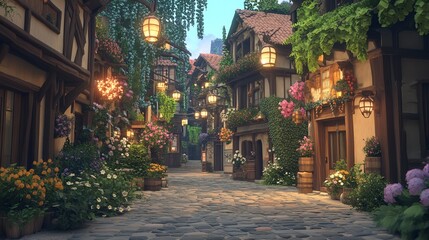Fototapeta premium A delightful cobblestone street adorned with vibrant flowers and glowing lanterns, creating a picturesque village atmosphere full of charm and beauty.