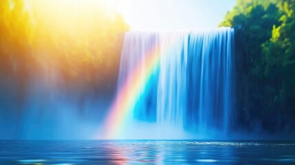Obraz premium Majestic waterfall cascading into a calm pool with a vibrant rainbow.