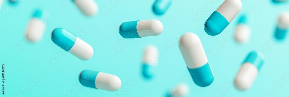 Poster several blue and white medicine capsules are falling against a turquoise background, creating a dyna