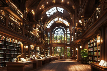 Obraz premium Elegant Historic Library Interior with Ornate Architecture and Bookshelves