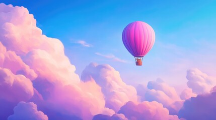 Fototapeta premium Pink hot air balloon floats amidst fluffy pastel clouds in a vibrant sky.