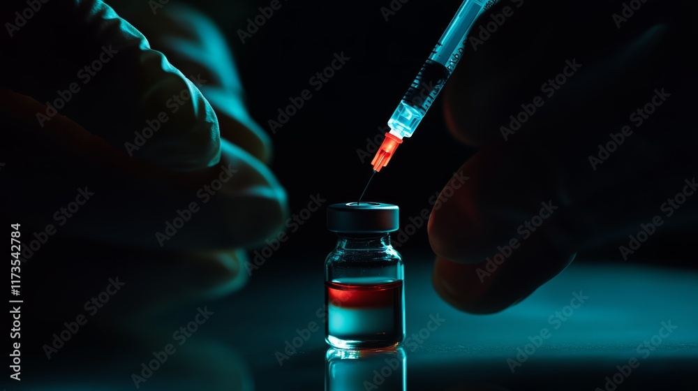 Poster gloved hands gripping a syringe and medicine vial, extracting a vaccine in preparation for an inject