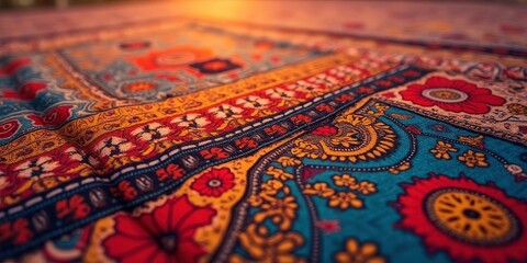 Bohemian Tapestry:  A close-up view of a colorful and intricate tapestry, featuring a vibrant array of floral patterns and geometric designs.