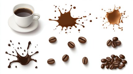 Obraz premium Realistic vector elements of coffee beans coffee cups coffee splashes and stains Ideal for backgrounds and logos