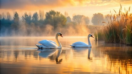 Fototapeta premium Serene Swans on Calm Lake at Sunrise, Elegant Wildlife Photography