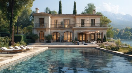 Fototapeta premium Luxury villa with pool and lake view.