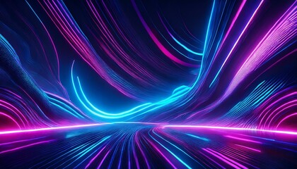 abstract cyberpunk design with flowing blue and purple neon light patterns illuminated against a dark background creating a dreamy sci fi atmosphere