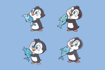 Penguin holding a fish vector art