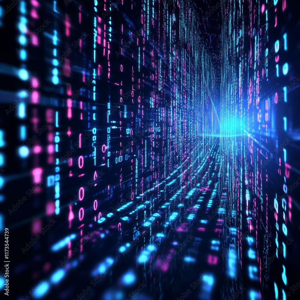 Poster futuristic digital background with stream of data and abstract matrix lights for technology and netw