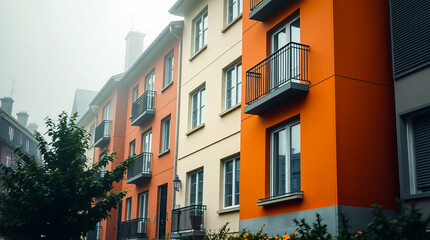 Fototapeta premium Vibrant apartment building exteriors with colorful facades, reflecting modern European architecture.