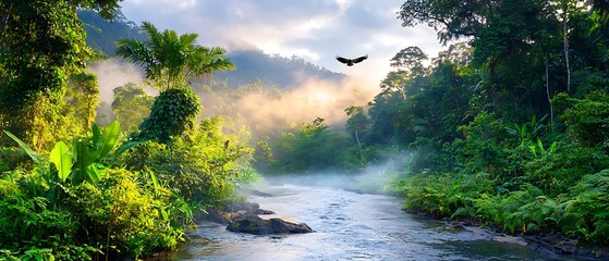 Misty sunrise over a jungle river.