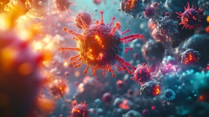 A vibrant, high-resolution depiction of microscopic viruses, showcasing intricate details and colorful structures that represent the complexity of microbial life.