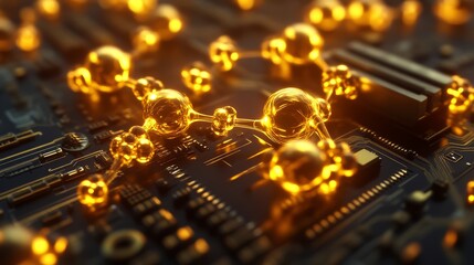 A close-up of a circuit board with glowing molecular structures, symbolizing the intersection of technology and science.