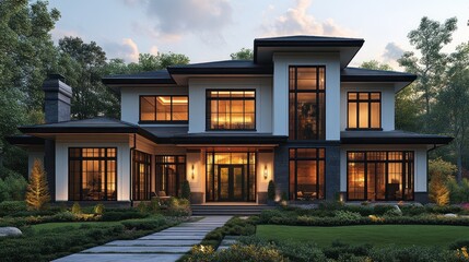 Fototapeta premium Modern luxury house exterior at dusk.