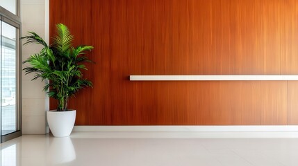 Refined financial lobby with sleek cherry wood desks and glass partitions, wooden furniture concept