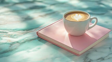 A cup of latte art coffee sits on a pink book atop a teal marble table. Sunlight creates shadows.