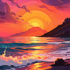 As the sunset over the horizon on a sunny Miami evening, the panoramic view with the vibrant colors of sunrise casts a warm glow over the sparkling water, creating a breathtaking scene illustration