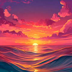 As sun rises over horizon on a sunny Miami morning, the panoramic view with the vibrant colors of sunrise casts a warm glow over the sparkling water, creating a breathtaking scene illustration