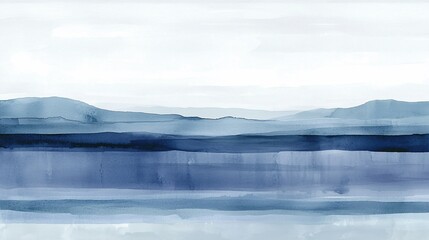 Obraz premium Abstract watercolor landscape painting in shades of blue, depicting layered mountains and a serene atmosphere.