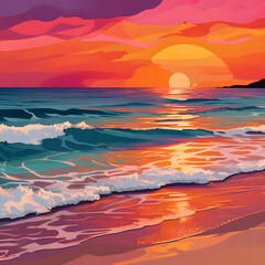 As sun rises over horizon on a sunny Miami morning, the panoramic view with the vibrant colors of sunrise casts a warm glow over the sparkling water, creating a breathtaking scene illustration