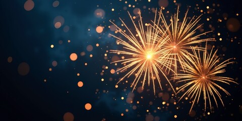 Obraz premium Sparkling Celebration: Golden fireworks burst against a rich blue sky, creating a breathtaking display of light and celebration. The bokeh effect adds a touch of magic to this festive image. 