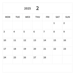 Simple square calendar for February 2025, vector, template
