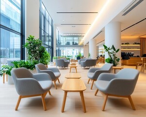 Fototapeta premium Coworking inspired bank lounge with wooden furniture and flexible workspaces, wooden furniture concept