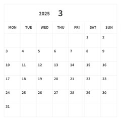 Simple square calendar for March 2025, vector, template