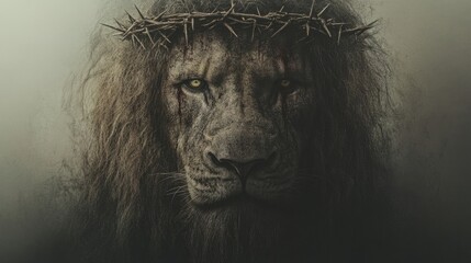 Lion of Judah. A powerful image of a lion with a crown of thorns, evoking themes of faith and redemption.