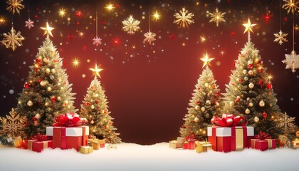 illuminated christmas trees with starry snowflakes and red gold garlands near festive gifts