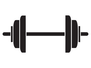 A simple black silhouette dumbbell icon with a minimalist flat design, ideal for fitness, gym, exercise, weightlifting, and strength training purposes.