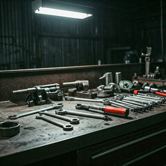 Fototapeta premium Auto industry tools on workbench for car service. Vehicle technical servicing background image for auto industry poster, banner and social media post.