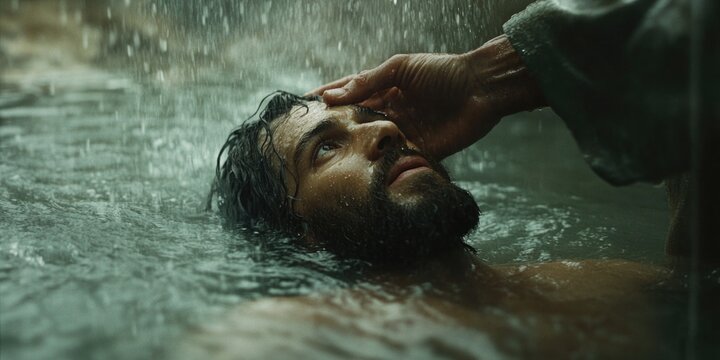 Biblical scene of Jesus receiving baptism from John in flowing water.