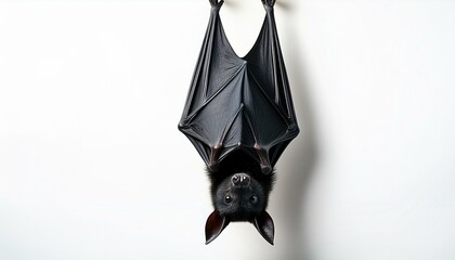 realistic black bat hanging upside down against a white background with high detail