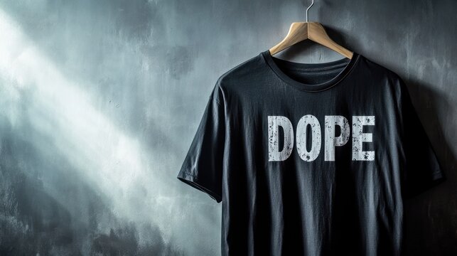 Black t-shirt with "Dope" text hanging on wooden hanger against grunge wall.
