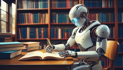 Fototapeta premium robot studying in quiet library