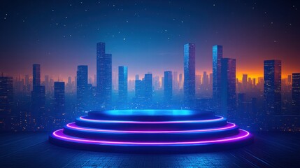 Futuristic Event Showcase Urban Cityscape Digital Display Neon Environment Elevated View Glowing Podium Concept