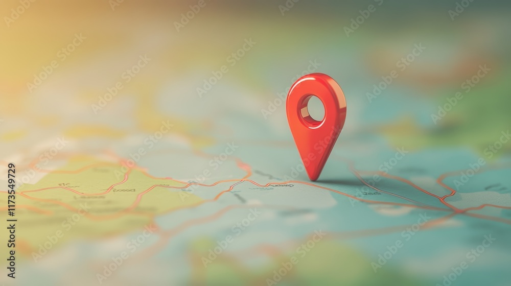 Poster Red push pin marking a location on a detailed map, highlighting a destination for navigation and route planning under warm sunlight, inviting travel and adventure