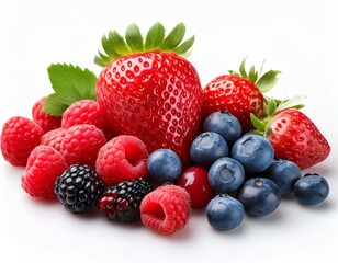 assorted berries including strawberries raspberries and blueberries isolated white background