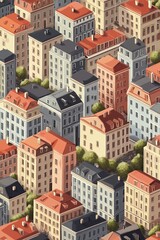 A vibrant aerial view of a cozy neighborhood filled with colorful buildings, intricate rooftops, and subtle greenery, capturing the essence of urban living.