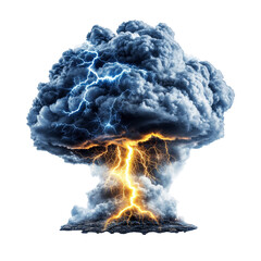A dramatic explosion resembling a mushroom cloud with intense lightning effects and swirling gray-blue clouds.