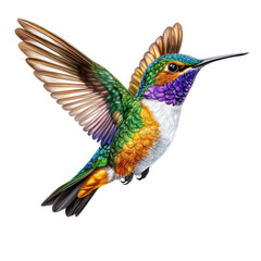 Obraz premium A vibrant hummingbird with iridescent feathers, showcasing a blend of green, purple, and orange tones while in flight.