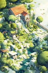 A tranquil fantasy scene featuring a rustic house surrounded by lush greenery and a gentle stream, evoking a sense of peace and wonder.